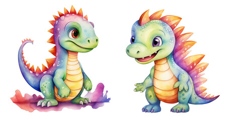 set of two cute dinosaurs isolated on a transparent background, watercolor dino illustration for kids nursery clipart