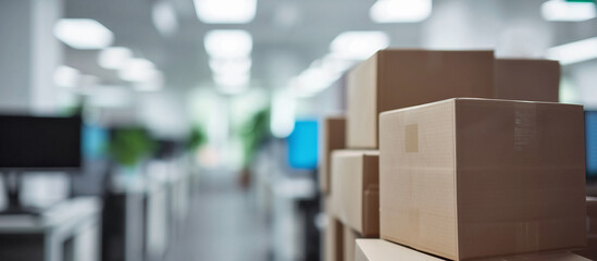 Blurred defocused office space with office furniture Packing cardboard mockup boxes and cartons at the foreground. Moving in or out and relocation services. Closing down or opening business. Delivery