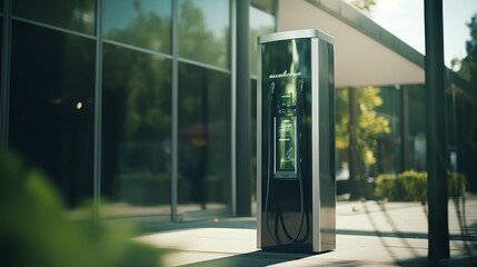 Modern electric vehicle charging station with sleek design car at contemporary charging point