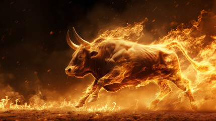 Obraz na płótnie Canvas Fiery Bull Engulfed in Flames Symbolizing Strength and Power