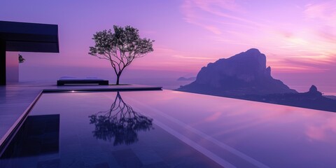 Retreat To A Serene Haven Bathed In A Purple Sky, Embracing Relaxation And Revitalization. Concept Yoga And Meditation Retreat, Nature Walks, Spa Treatments, Wellness Workshops, Mindfulness Practices
