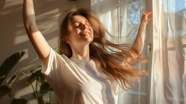 Young woman joyfully dancing alone at home, expressing happiness and release