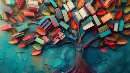Foto op Plexiglas International Literacy Day concept: Tree with books as leaves, symbolizing literacy, education, and knowledge, colorful books on tree branches © Delques