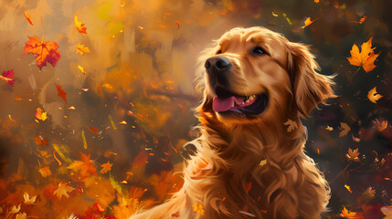 Happy golden retriever dog on autumn nature background, autumn activities for dogs - Powered by Adobe
