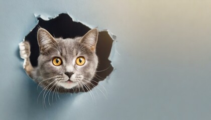 : Cat with shocked surprised expression peeking through hole in cracked wall hole - obrazy, fototapety, plakaty