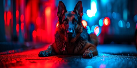 A Diligent K-9 Unit Safeguarding The Nighttime City Streets. Concept Crime Prevention, Night Patrol, Police Dogs, Security Measures, Safeguarding The Community - obrazy, fototapety, plakaty