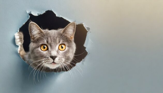 : Cat with shocked surprised expression peeking through hole in cracked wall hole
