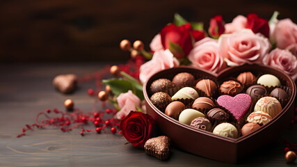 Obraz na płótnie Canvas Luxurious Valentine's chocolates in a gentle heart-shaped gift box and flowers with copy space. Can be used to make greeting cards social media post Website or blog, marketing materials, scrapbooks.