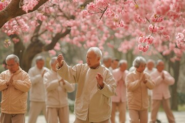 A group of older men engage in a tai chi session beneath a majestic cherry blossom tree.