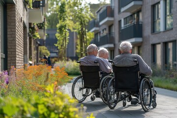 A couple of people in wheelchairs at a residence for the third age, engaged in conversation.
