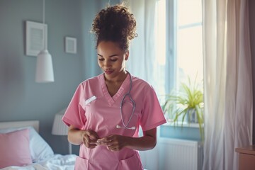 A registered nurse wearing pink scrubs takes a moment to check her cell phone.