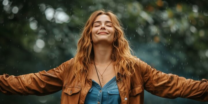 Aigenerated Stock Photo Of A Woman Radiating Joy, Immersed In Natures Embrace. Concept Radiant Woman In Nature, Blissful Outdoor Portrait, Nature's Embrace Photoshoot