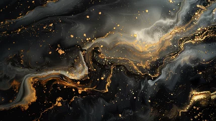 Foto op Canvas A fusion of moonlit ivory and opulent gold dispersing in water, crafting a luminous and captivating abstract tableau against a background of profound cosmic black.  © Dani Shah 