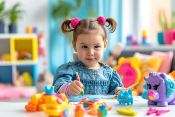 Happy little girl sitting at a table and drawing. Children's creativity and development concept