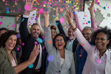 Diverse group of happy cheerful businesspeople employees celebrating success in office with confetti. Teamwork celebration party