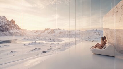 Tranquil Alpine Sanctuary: Woman Relaxing in Minimalist Mountain Retreat. Solitude and Peace in High-Altitude Luxury, Overlooking Snowy Peaks
