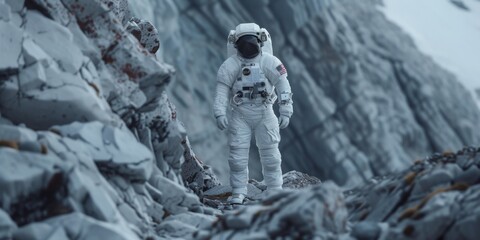 Astronaut Perched On A Rocky Precipice Artistic Blend Of Various Media. Concept Abstract Landscape,...