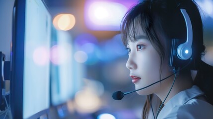 woman call center operator with headset using computer, support call-center, assist call center, telemarketing call center, receptionist call center, operator call center,