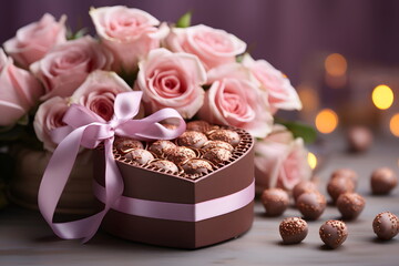 Luxurious Valentine's chocolates in a gentle heart-shaped gift box and flowers with copy space. Can be used to make greeting cards social media post Website or blog, marketing materials, scrapbooks.