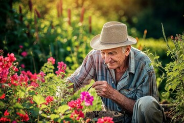 Joyful Elderly Man Gardening, Cultivating Flowers with Love and Care. Senior Gardener Enjoying the Vibrant Colors and Life of His Flourishing Garden