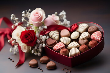 Luxurious Valentine's chocolates in a gentle heart-shaped gift box and flowers with copy space. Can be used to make greeting cards social media post Website or blog, marketing materials, scrapbooks.