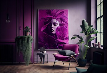 a living room with a purple chair and a large painting on the wall above it and a plant in a pot. trending pantone 18-1750 viva magenta colour. generative AI