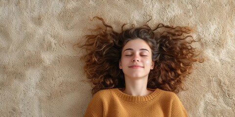 Calming Moment Girl Enjoying Serene Relaxation On A Soft Carpeted Floor. Concept Nature Scenery, Adventure Travel, Food Photography, Urban Architecture - obrazy, fototapety, plakaty