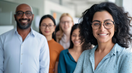 Fototapeta premium Group of diverse people, men and women in the office. Woman is the boss looking into camera