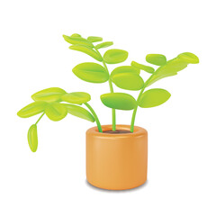 3d Home Plant with Green Leaves in Pot Cartoon Style Isolated on a White Background. Vector illustration