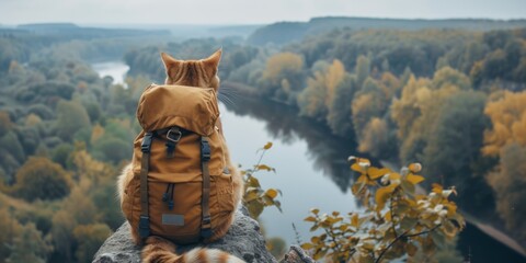Adventurous Cat Hiker Explores Beautiful River And Landscape With Backpack. Concept Hiking With Pets, Cat Adventure, Nature Photography, River Exploration, Beautiful Landscapes