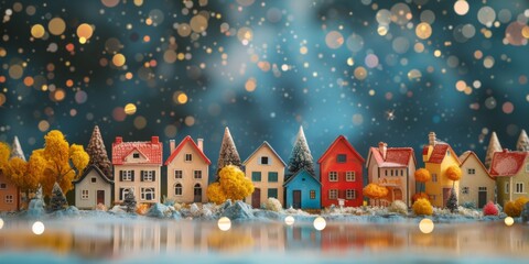 Fototapeta na wymiar Charming 3D Village With Toy Houses Under A Starlit Sky For Childrens Wallpaper. Concept Magical Fairy Garden, Enchanting Forest Creatures, Whimsical Dreamland, Fantasy World Adventures