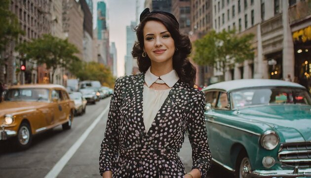  beautiful young woman dressed in 50s retro style with stylish hair stands on the street