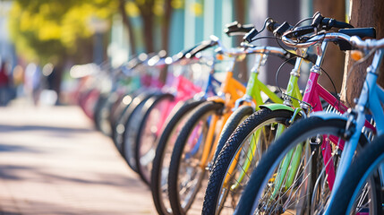 Outdoor cycling haven. Colorful bicycles lined up.