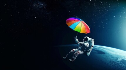 Astronaut floating in space with a colorful umbrella, a surreal blend of science fiction and whimsy against the backdrop of Earth