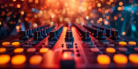 Closeup Of Sound Board With Bokeh Lights, Ideal For Music Events And Concerts. Concept Sunset On The Beach, Nature Hikes, Adventure Travel, City Skylines, Delicious Food - obrazy, fototapety, plakaty