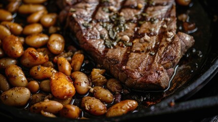 The image showcases a succulent grilled steak with prominent grill marks resting on a cast-iron skillet, surrounded by plump beans that appear to be cooked in the juices of the steak, hinting at a sea