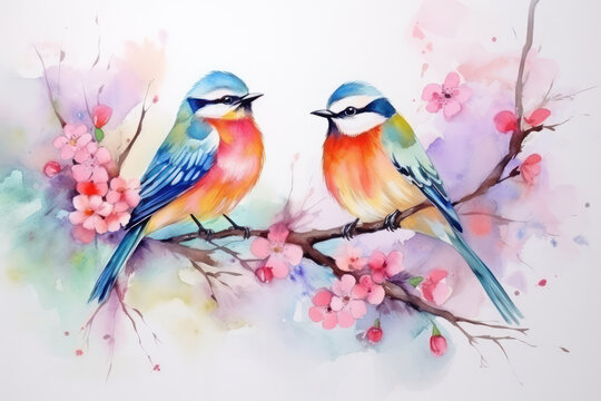 Nature's Beauty: Cute Birds on a Floral Branch – Watercolor Illustration
