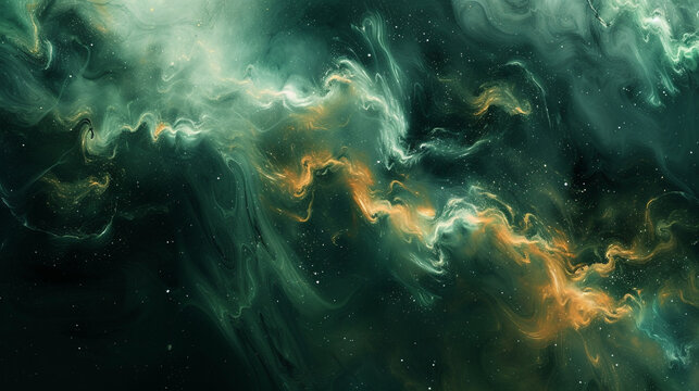 Cosmic swirls of emerald green and golden ochre converging in an intricate dance, creating a captivating and energetic abstract artwork on a background of deep cosmic black. 