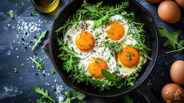 The image depicts a rustic cast iron skillet containing four sunny-side-up eggs with vibrant orange yolks, garnished with fresh green arugula leaves. The skillet sits on a dark, textured surface that'