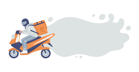 Delivery man on scooter with blank banner, flat vector illustration isolated.
