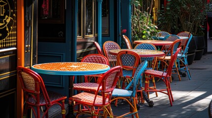 This image shows an inviting outdoor seating arrangement outside a cafe or restaurant. The scene includes several round tables with patterned tops in orange, complemented by red and blue rattan chairs
