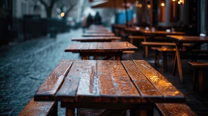 The image features a series of wet wooden tables neatly arranged on a cobblestone street, glistening with raindrops. The early evening or twilight setting suggests a quiet ambiance, with the warm glow