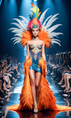 Fototapeta premium The model takes to the catwalk in a spectacular costume, complemented by bright feathers and intricate details, a high-fashion event.