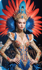 Fototapeta premium The model takes to the catwalk in a spectacular costume, complemented by bright blue and red feathers and intricate details, a high-fashion event.