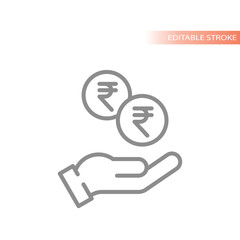 Human hand and Indian rupee symbol. Money and finance line vector icon.