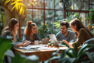 Company team working on marketing in modern office. AI Generated