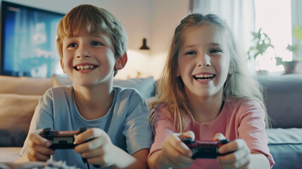 Addicted to new technology game, Boy and girl playing video game console using joystick or controller while sitting at home, gaming and entertainment  concept - obrazy, fototapety, plakaty