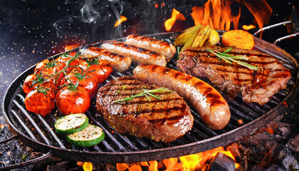 Grilled delicious beef steaks and grillwurst with vegetables and herbs over flames on outdoor grill