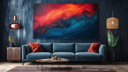 Dynamic sweeps of fiery vermilion and midnight teal blending seamlessly, creating a vibrant and energetic abstract display on a canvas painted in deep cosmic black. 