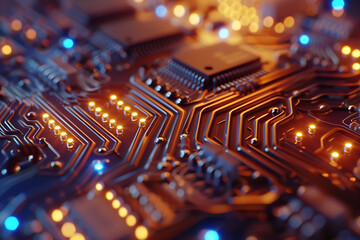 close up photo of electronic circuit board with blue  - obrazy, fototapety, plakaty